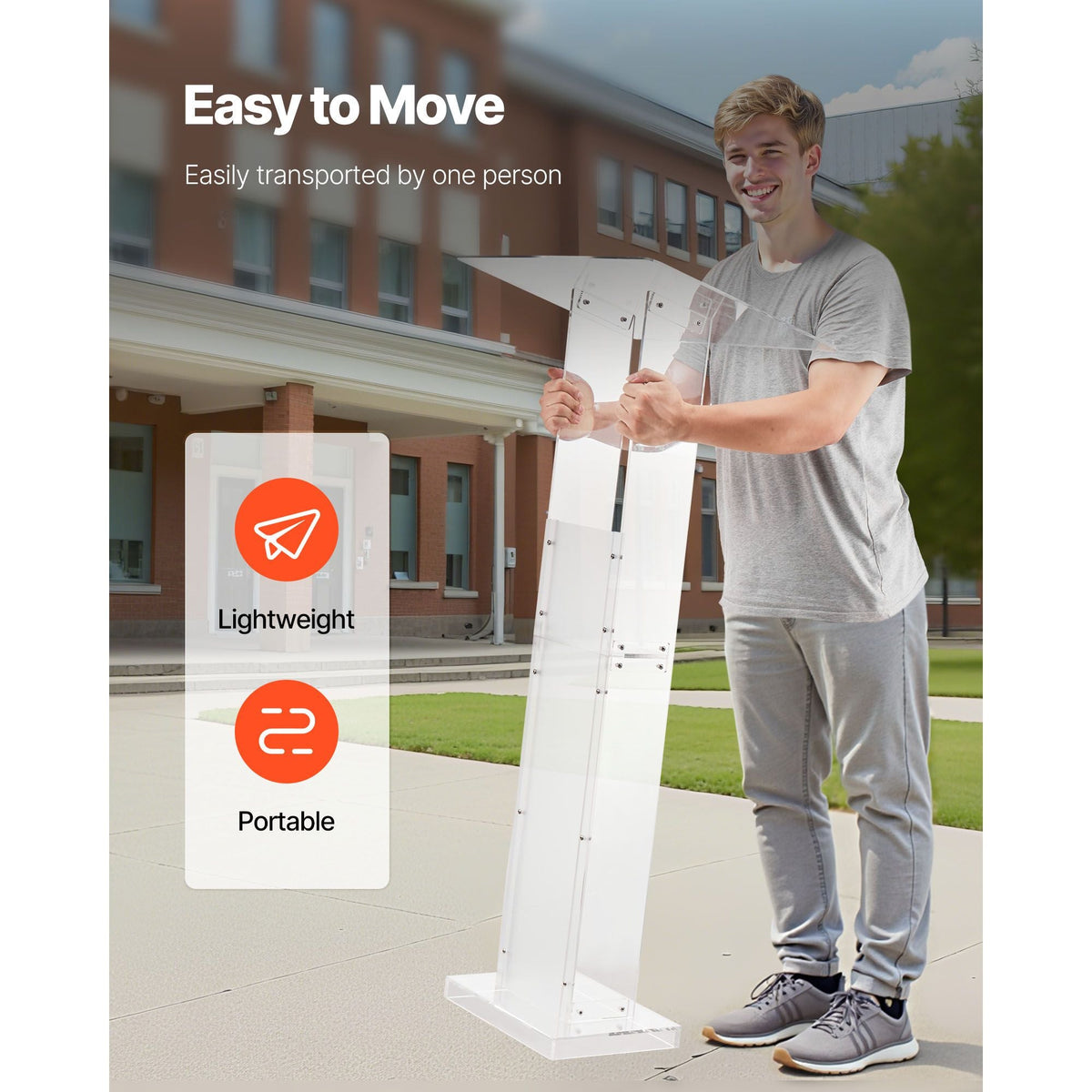 Podium Stand, 50-Inch Acrylic Lectern, Portable Laptop Desk with Wide Reading Surface and Storage Shelf, Book Stopper, Floor-Standing, for Classroom, Wedding, Conference, Lecture and Concert