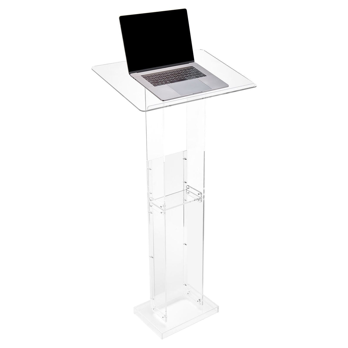 Podium Stand, 50-Inch Acrylic Lectern, Portable Laptop Desk with Wide Reading Surface and Storage Shelf, Book Stopper, Floor-Standing, for Classroom, Wedding, Conference, Lecture and Concert