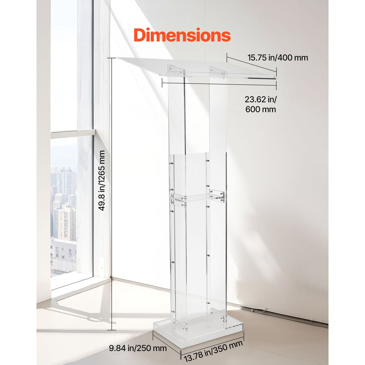 Podium Stand, 50-Inch Acrylic Lectern, Portable Laptop Desk with Wide Reading Surface and Storage Shelf, Book Stopper, Floor-Standing, for Classroom, Wedding, Conference, Lecture and Concert