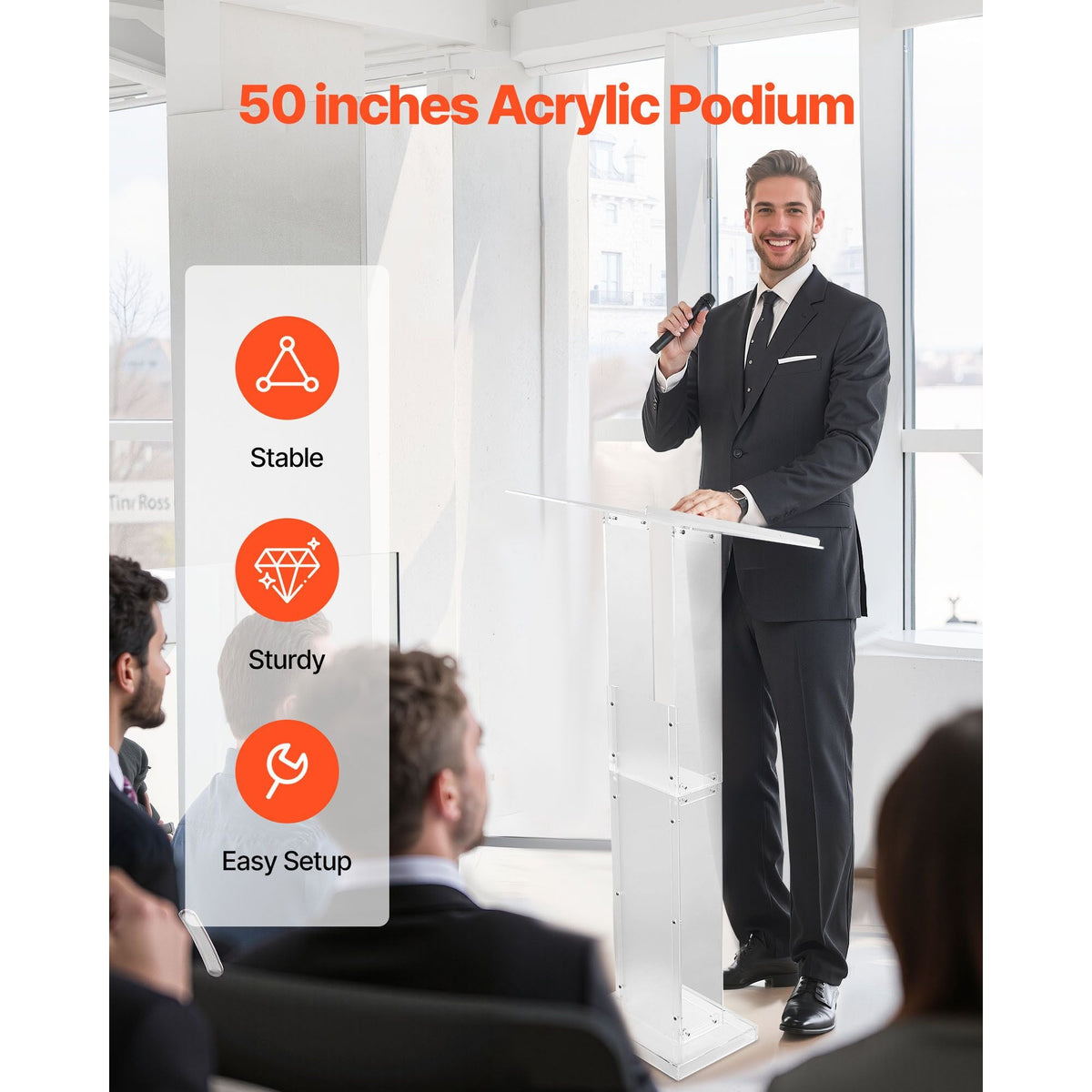 Podium Stand, 50-Inch Acrylic Lectern, Portable Laptop Desk with Wide Reading Surface and Storage Shelf, Book Stopper, Floor-Standing, for Classroom, Wedding, Conference, Lecture and Concert
