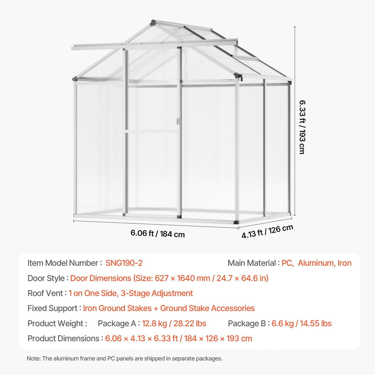 Polycarbonate Greenhouse, 6 x 4 Ft, Outdoor Greenhouse with Adjustable Vent Windows, Pavilion Styled Greenhouse with Sliding Door, Aluminum Large Walk-in Greenhouse Kit for Garden Backyard