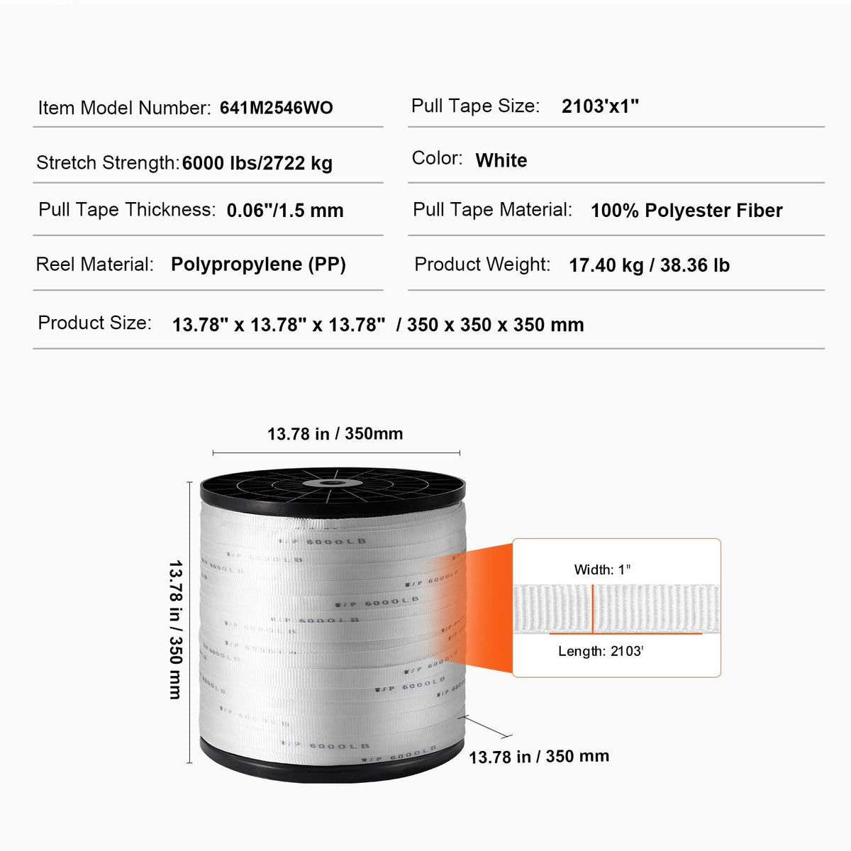 Polyester Pull Tape, 1" x 2103' Mule Tape Flat Rope, 6000 lbf Tensile Capacity, Printed Webbing Cable Pulling Tape for Packaging, Gardening, Commercial Electrical, Conduit Work, White