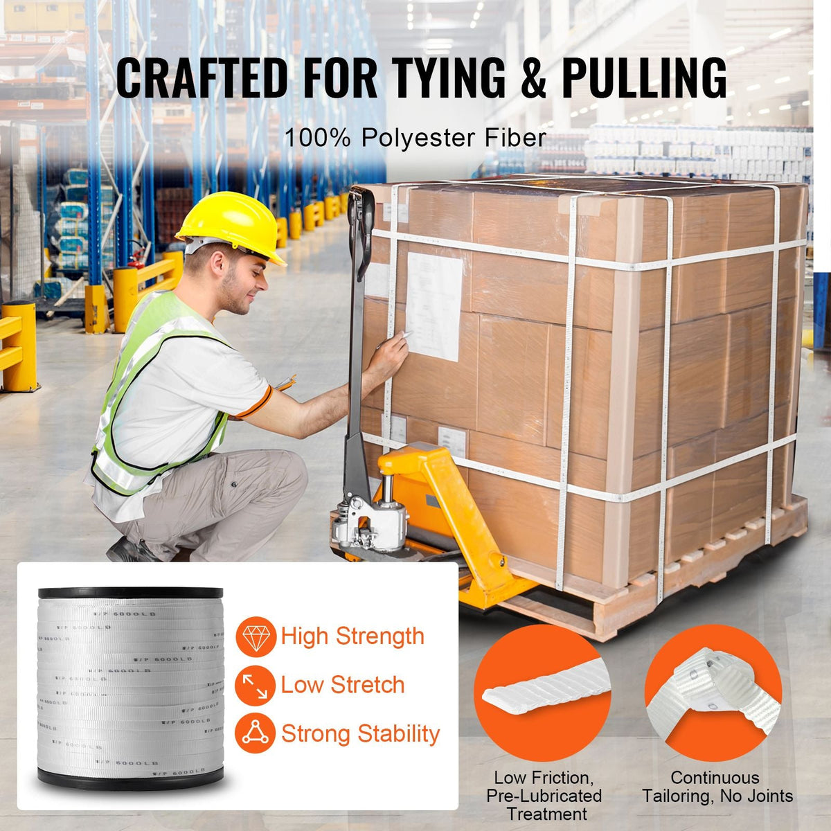 Polyester Pull Tape, 1" x 2103' Mule Tape Flat Rope, 6000 lbf Tensile Capacity, Printed Webbing Cable Pulling Tape for Packaging, Gardening, Commercial Electrical, Conduit Work, White