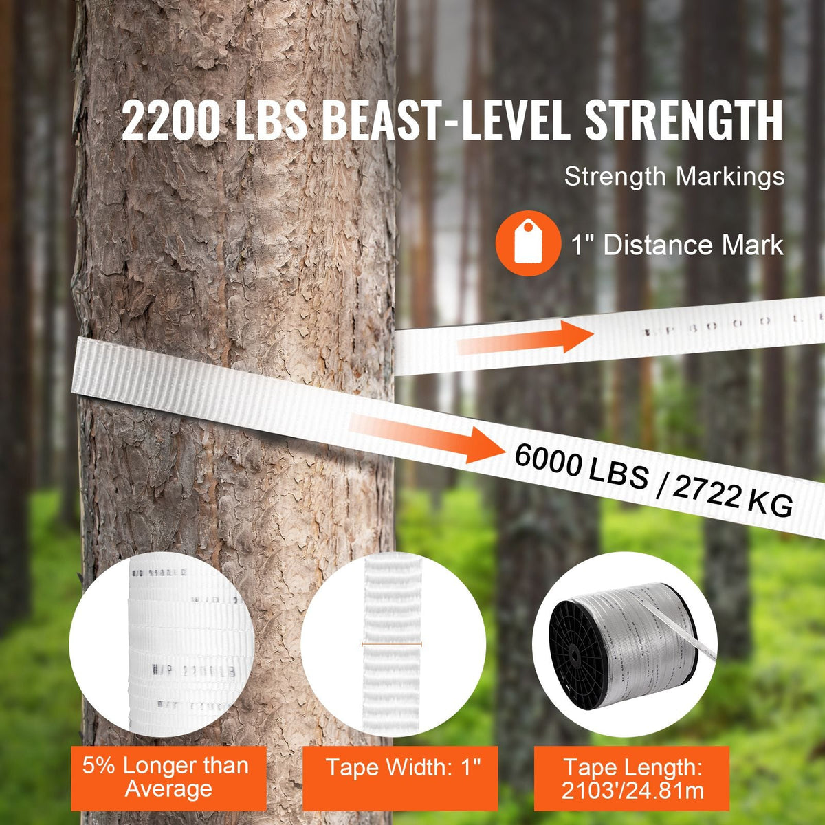 Polyester Pull Tape, 1" x 2103' Mule Tape Flat Rope, 6000 lbf Tensile Capacity, Printed Webbing Cable Pulling Tape for Packaging, Gardening, Commercial Electrical, Conduit Work, White