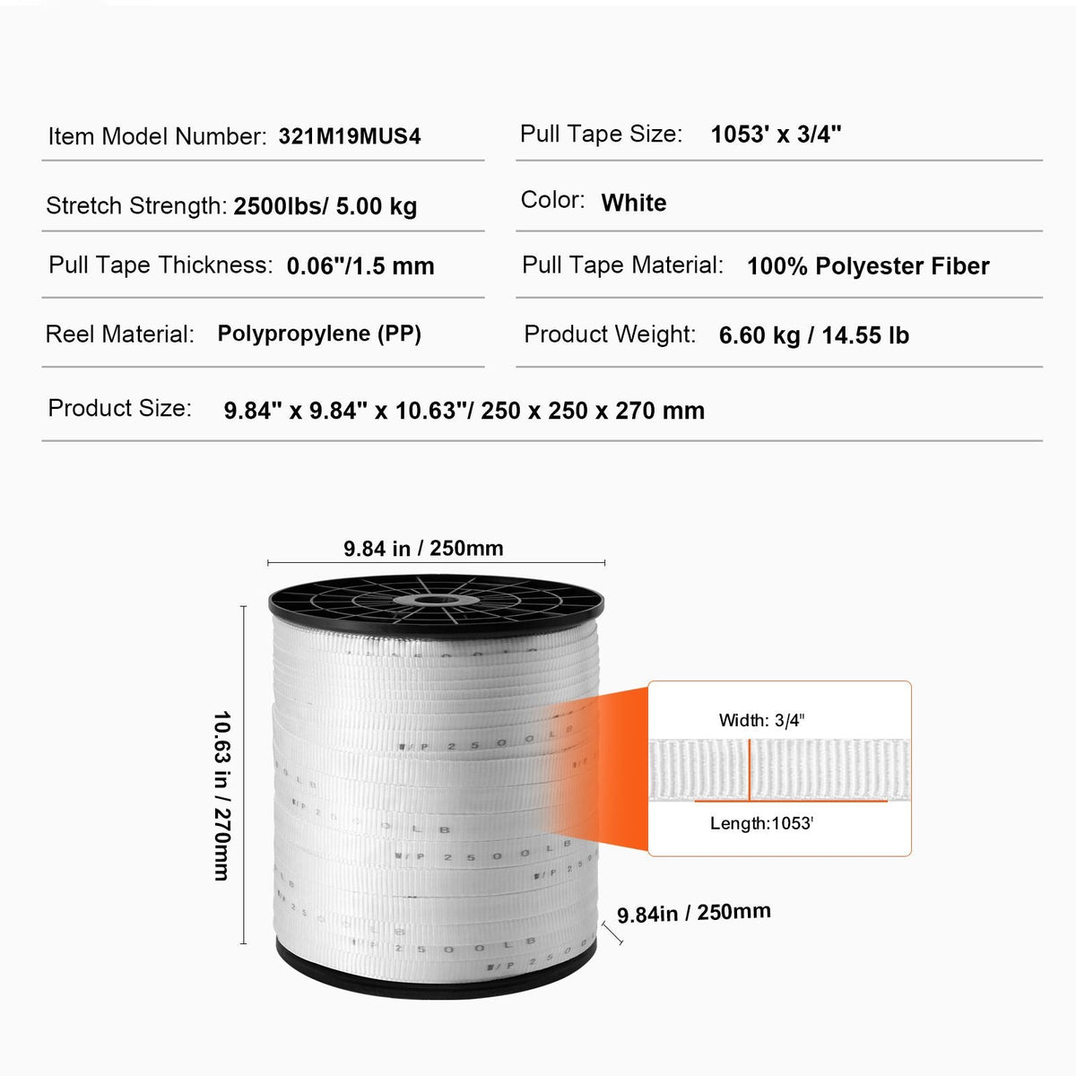 Polyester Pull Tape, 3/4" x 1053' Mule Tape Flat Rope, 2500 lbf Tensile Capacity, Printed Webbing Cable Pulling Tape for Packaging, Gardening, Commercial Electrical, Conduit Work, White