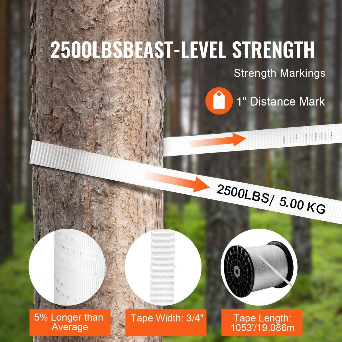 Polyester Pull Tape, 3/4" x 1053' Mule Tape Flat Rope, 2500 lbf Tensile Capacity, Printed Webbing Cable Pulling Tape for Packaging, Gardening, Commercial Electrical, Conduit Work, White