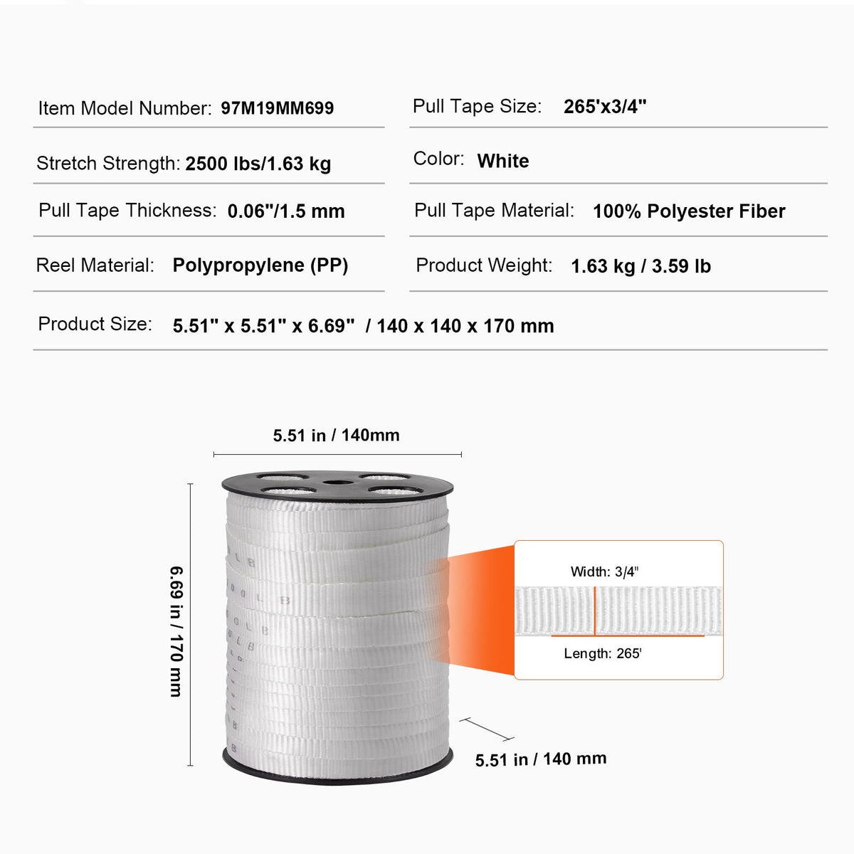 Polyester Pull Tape, 3/4" x 265' Mule Tape Flat Rope, 2500 lbf Tensile Capacity, Printed Webbing Cable Pulling Tape for Packaging, Gardening, Commercial Electrical, Conduit Work, White