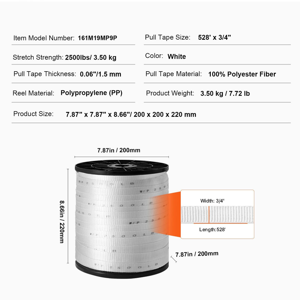 Polyester Pull Tape, 3/4" x 528' Mule Tape Flat Rope, 2500 lbf Tensile Capacity, Printed Webbing Cable Pulling Tape for Packaging, Gardening, Commercial Electrical, Conduit Work, White