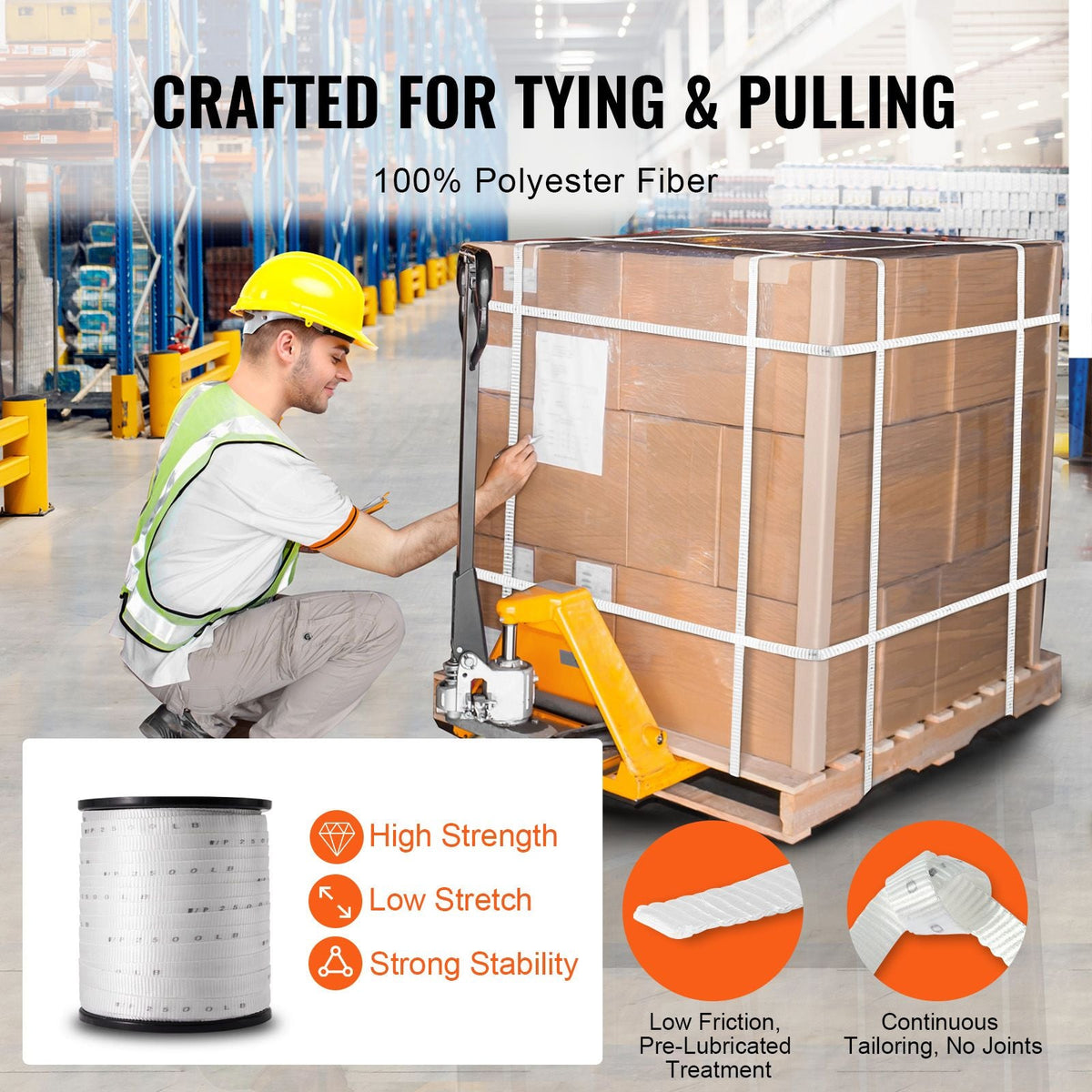 Polyester Pull Tape, 3/4" x 528' Mule Tape Flat Rope, 2500 lbf Tensile Capacity, Printed Webbing Cable Pulling Tape for Packaging, Gardening, Commercial Electrical, Conduit Work, White