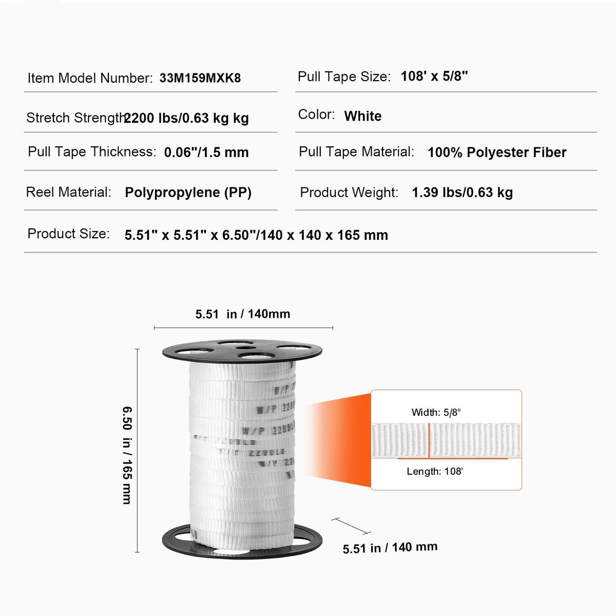 Polyester Pulling Tape Mule Tape 5/8" x 108' 2200 lbf Tensile Capacity