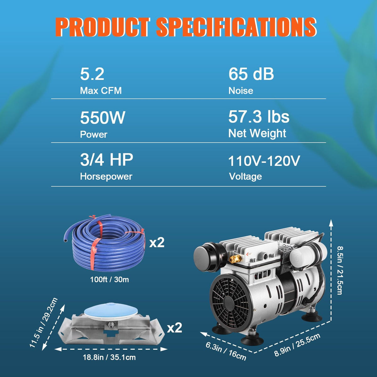Pond Aerator, 550W Power, 5.2CFM for Up to 3 Acre 50' Lake, Pond Aeration Kit Includes 3/4 HP Compressor & 2 100' Weighted Tubings & 2 Diffusers, Air Compressor for Deep Water Oxygen Circulation