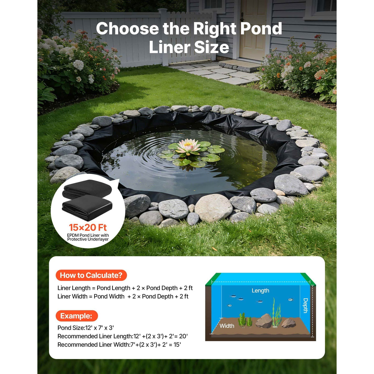 Pond Liner 15 x 20 ft, 45 Mil, EPDM Rubber Fish Koi Pond Liner and Underlayment Combo, Easy to Cut, Durable & Leakproof, for Outdoor Ponds, Water Garden, Waterfall, Fishpond, Fountains, Black