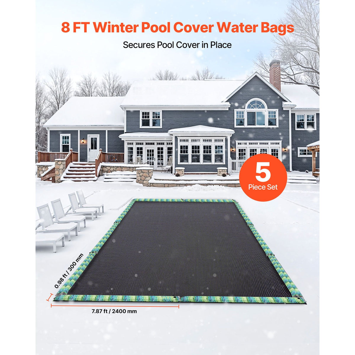 Pool Cover Water Bags, 5 Packs 8 Ft, Double Chamber Pool Cover Water Tubes with Reflective Strips, 0.3mm Thick PVC Bags Weights with Leakproof Screw Cap, for Winter Inground Swimming-Pool Covers