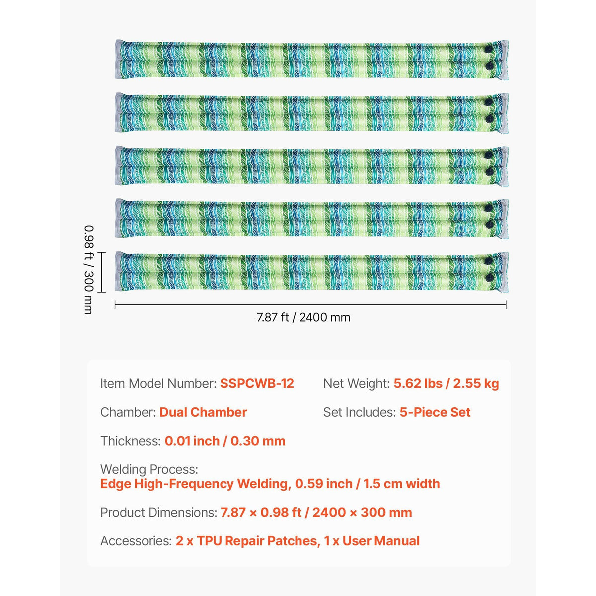 Pool Cover Water Bags, 5 Packs 8 Ft, Double Chamber Pool Cover Water Tubes with Reflective Strips, 0.3mm Thick PVC Bags Weights with Leakproof Screw Cap, for Winter Inground Swimming-Pool Covers