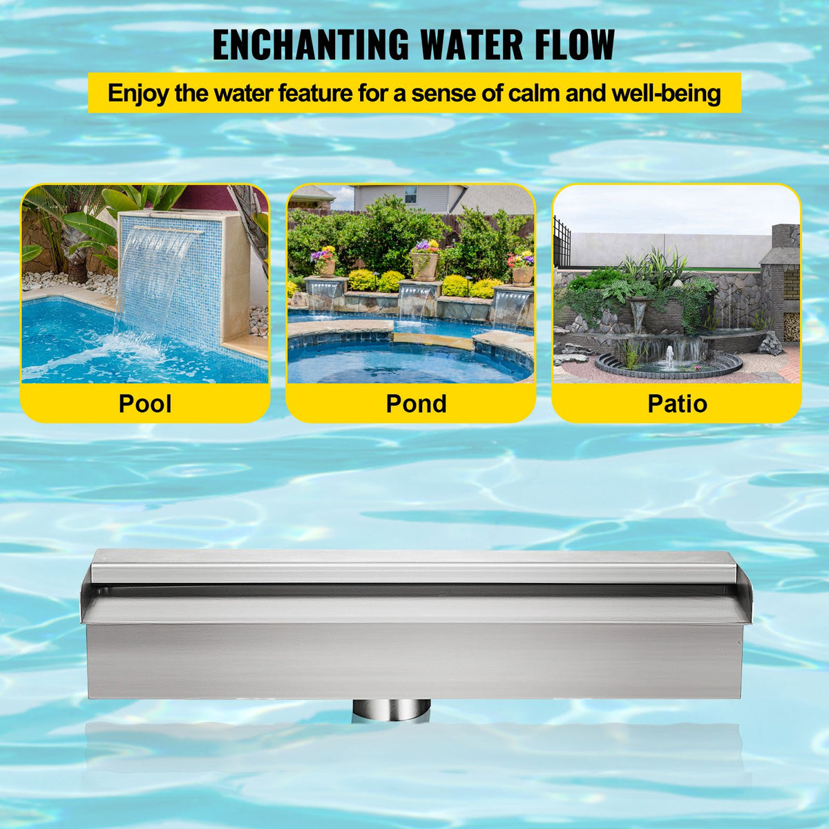 Pool Fountain Stainless Steel Pool Waterfall Spillway with Pipe Connector Rectangular Garden Outdoor (17.7\")