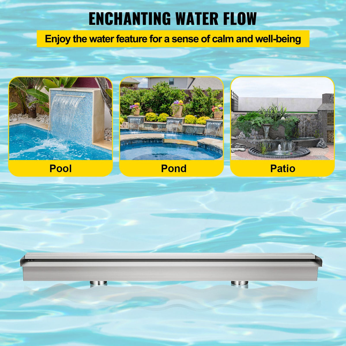 Pool Fountain Stainless Steel Pool Waterfall Spillway with Pipe Connector Rectangular Garden Outdoor (59.1\")