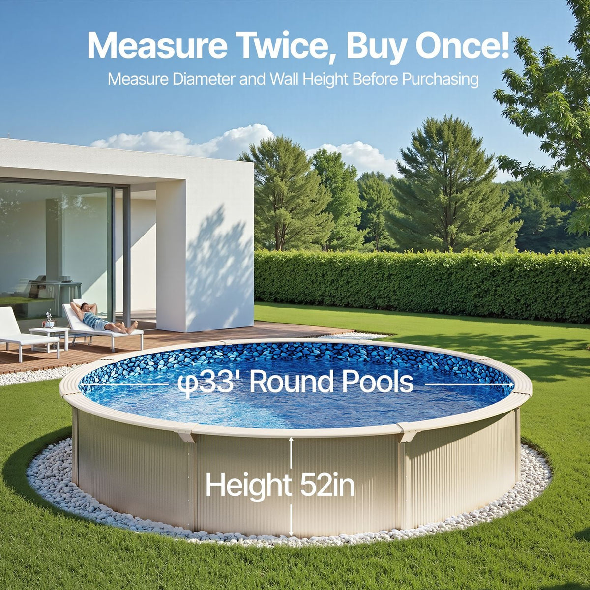 Pool Liner, 33ft Round Pool Liner, Uinbead Style, Durable Vinyl Pool Liner, Standard Gauge, 52in Wall Height, Pool Liner Replacement for Steel Sided Above-Ground Swimming Pools