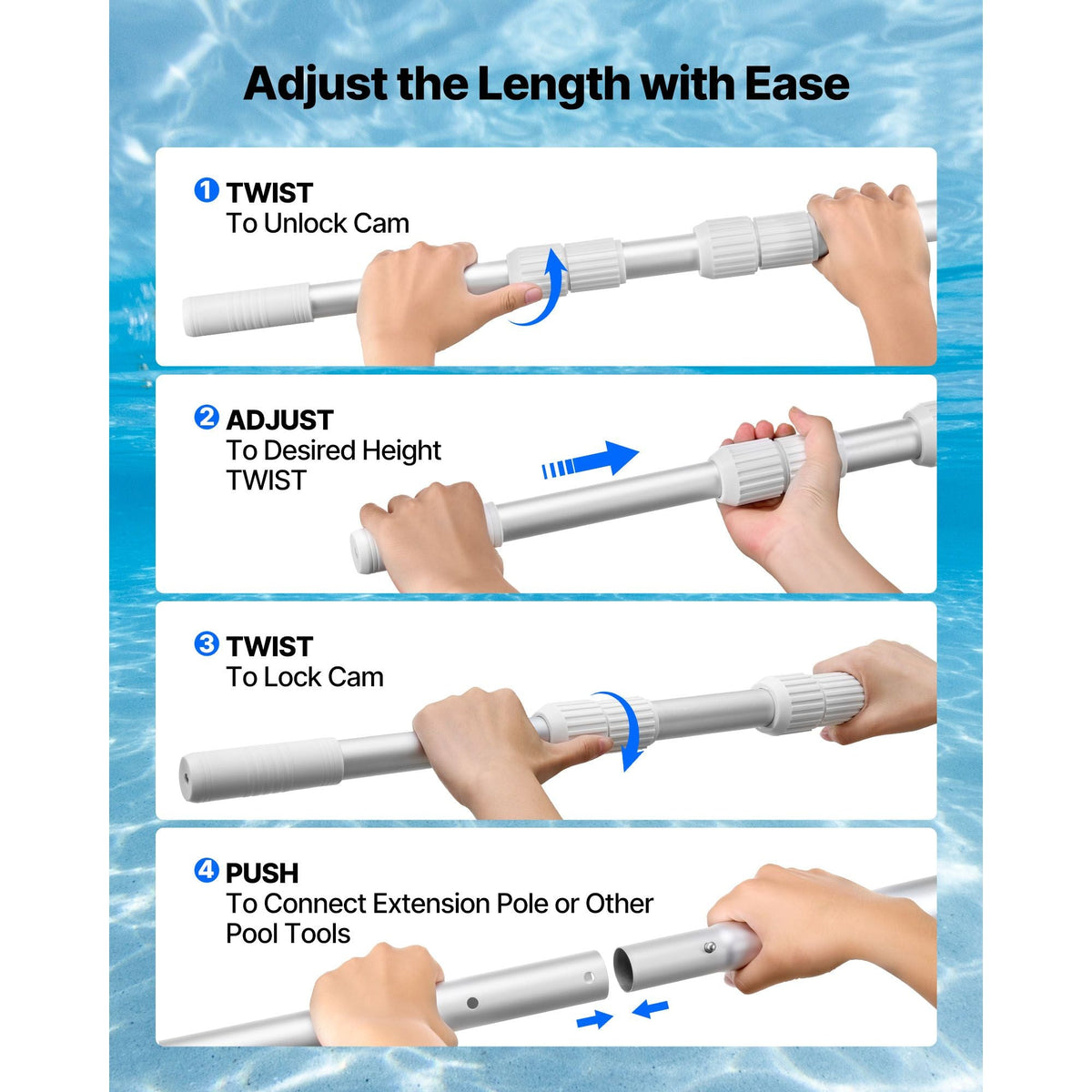 Pool Pole, 3.4 to 12 Ft Telescoping Swimming Pool Cleaning Poles, Professional Adjustable Telescopic Pole with Extension Pole, Heavy Duty Cleaner Stick for Skimmer Net, Rake, Brush, Vacuum Head