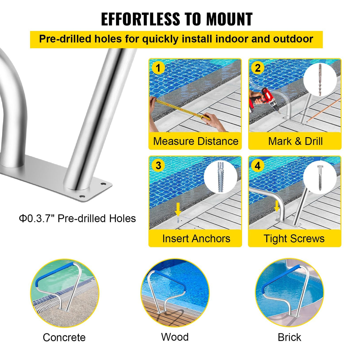 Pool Rail 48x36 Pool Railing 304 Stainless Steel 250LBS Load Capacity Silver Rustproof Pool Handrail Humanized Swimming Pool Handrail with Blue Grip Cover & M8 Drill Bit & Self-Taping Screws