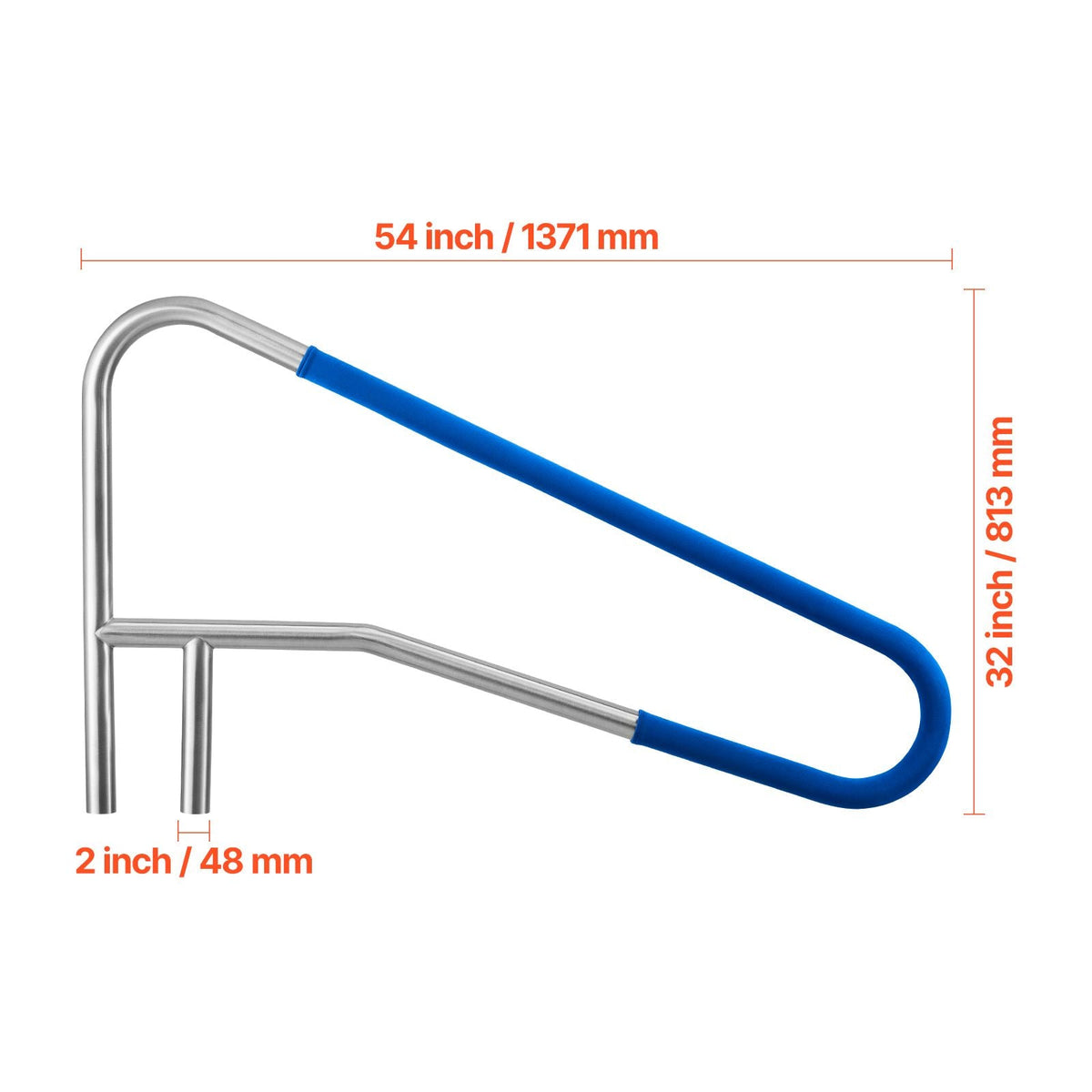 Pool Rail, 54 x 32 inch Pool Handrail, 220 lbs Load Capacity Heavy Duty 304 Stainless Steel Swimming Handrail, Detachable Nonslip Sleeve, Recessed or Base Mount, for Poolside, Water Parks