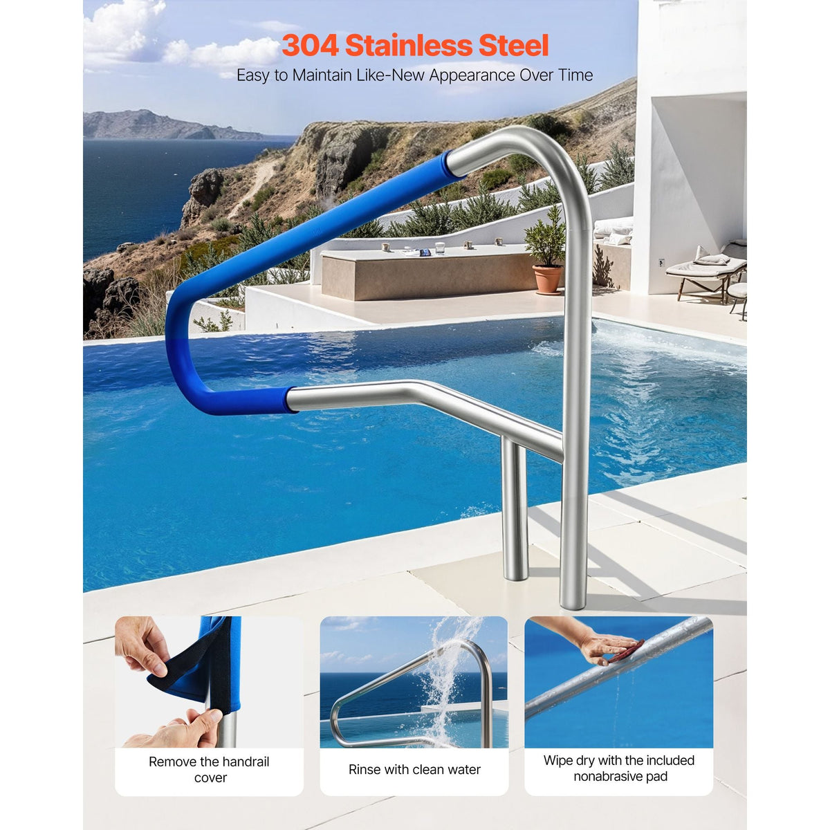 Pool Rail, 54 x 32 inch Pool Handrail, 220 lbs Load Capacity Heavy Duty 304 Stainless Steel Swimming Handrail, Detachable Nonslip Sleeve, Recessed or Base Mount, for Poolside, Water Parks