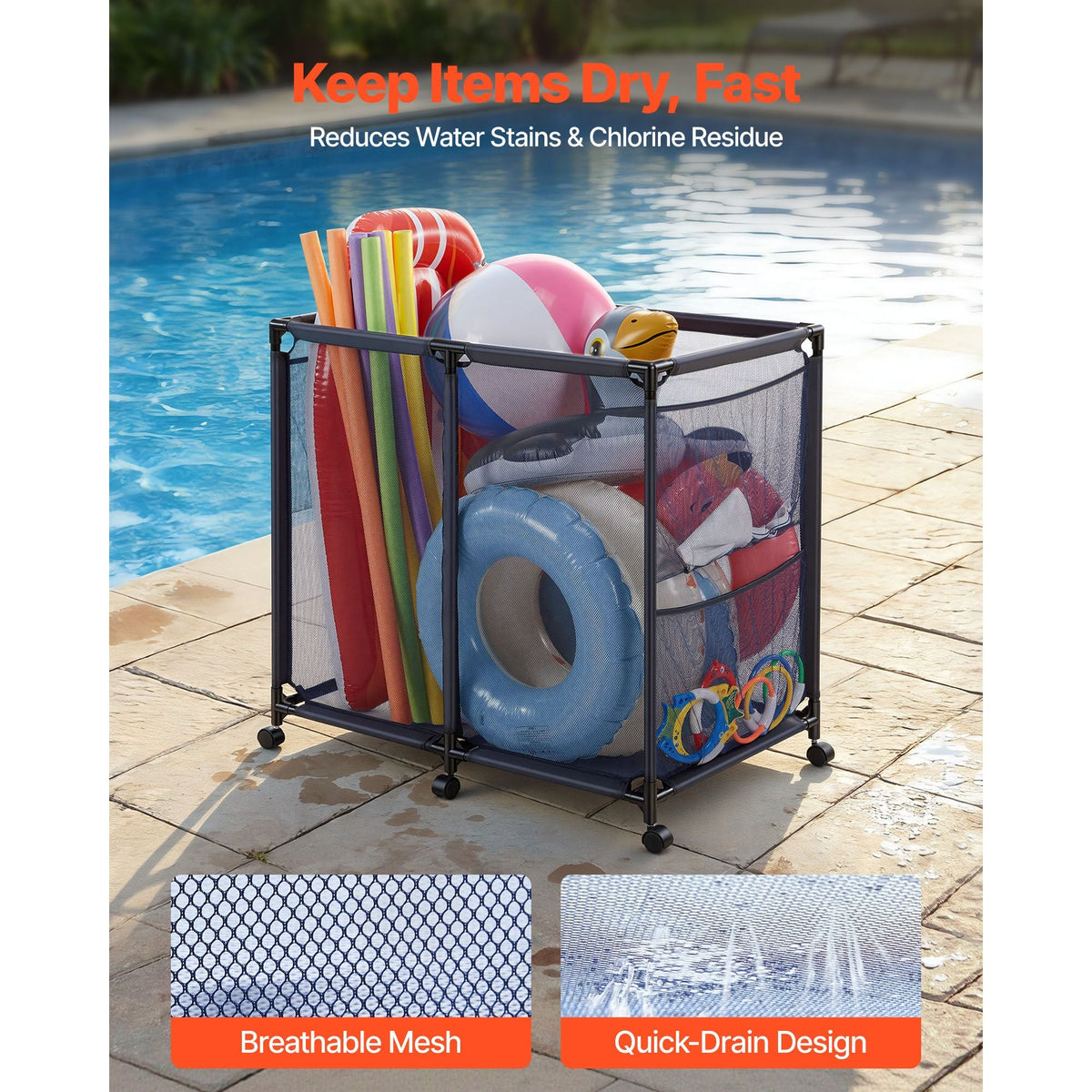 Pool Storage Bin, 36.8 x 24 x 35.6 in, Rolling Pool Float Storage Organizer with Side Pockets & Casters, Heavy Duty Metal Frame, Poolside Toys Noodles Holder Mesh Basket for Swimming Pools