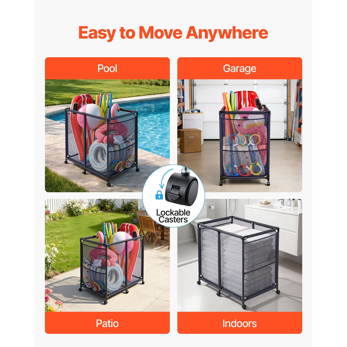 Pool Storage Bin, 36.8 x 24 x 35.6 in, Rolling Pool Float Storage Organizer with Side Pockets & Casters, Heavy Duty Metal Frame, Poolside Toys Noodles Holder Mesh Basket for Swimming Pools