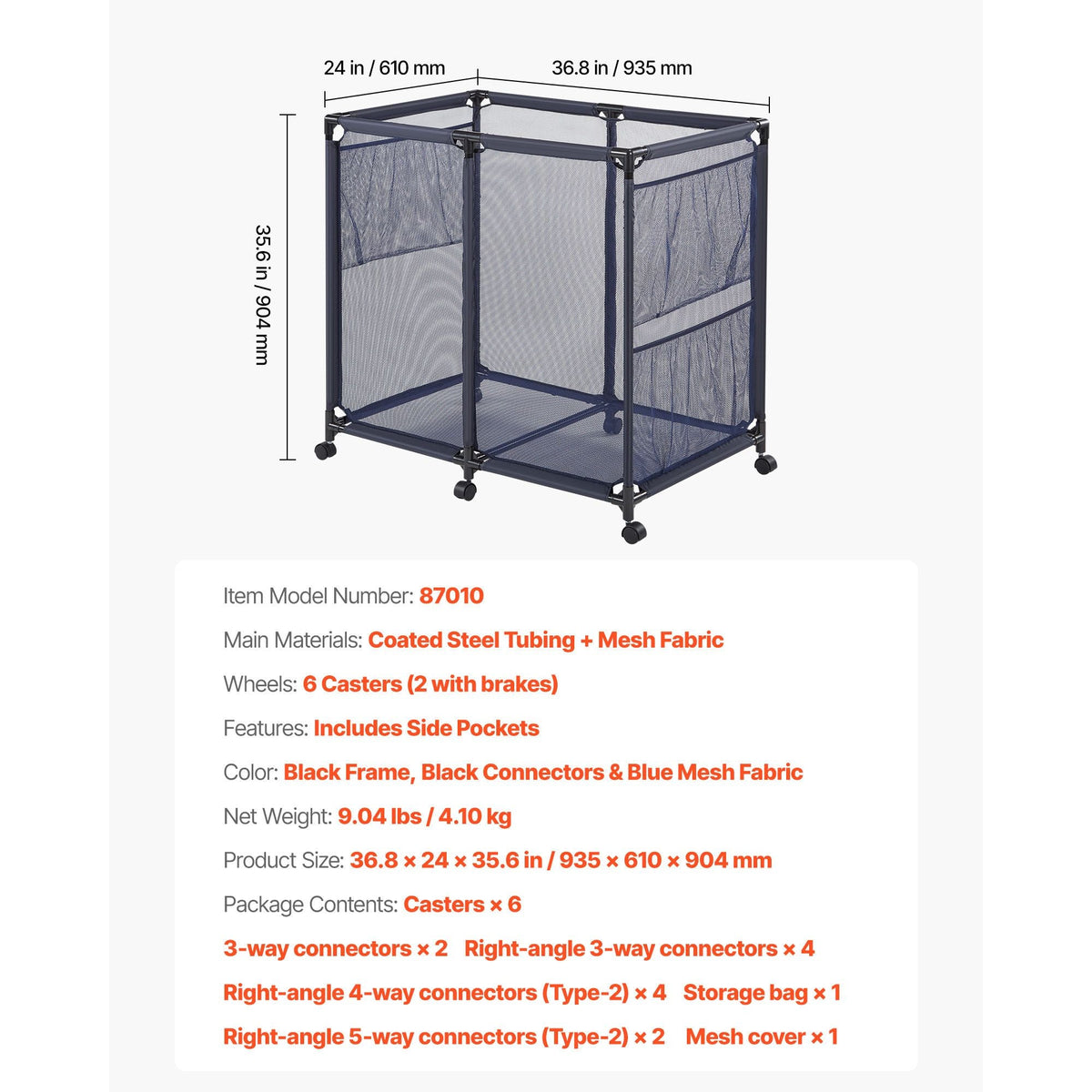 Pool Storage Bin, 36.8 x 24 x 35.6 in, Rolling Pool Float Storage Organizer with Side Pockets & Casters, Heavy Duty Metal Frame, Poolside Toys Noodles Holder Mesh Basket for Swimming Pools