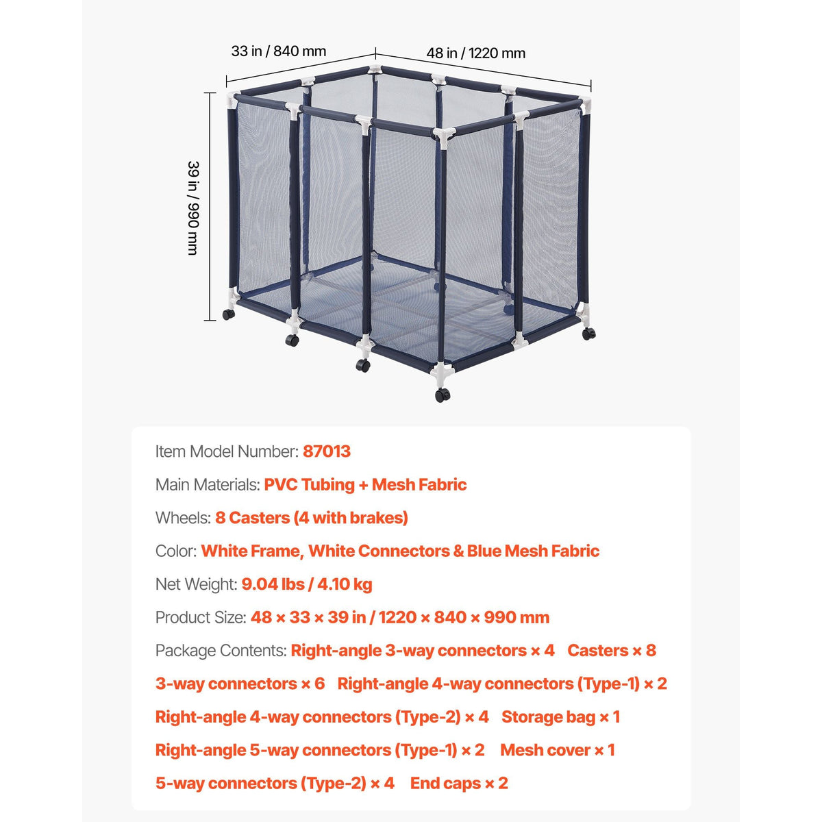 Pool Storage Bin, 48 x 33 x 39 in, Rolling Pool Float Storage Organizer with Casters, Durable Plastic Frame, Poolside Toys Noodles Holder, Breathable Mesh Basket for Swimming Pools