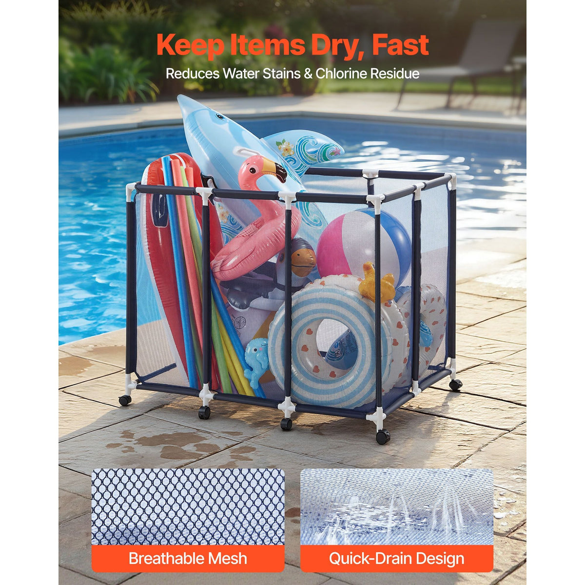 Pool Storage Bin, 48 x 33 x 39 in, Rolling Pool Float Storage Organizer with Casters, Durable Plastic Frame, Poolside Toys Noodles Holder, Breathable Mesh Basket for Swimming Pools