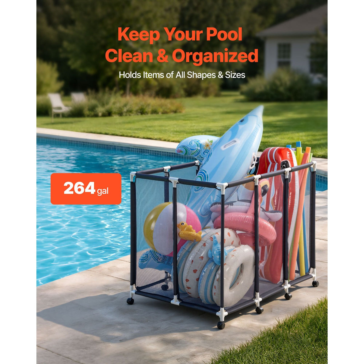 Pool Storage Bin, 48 x 33 x 39 in, Rolling Pool Float Storage Organizer with Casters, Durable Plastic Frame, Poolside Toys Noodles Holder, Breathable Mesh Basket for Swimming Pools