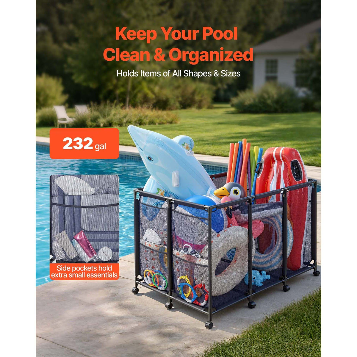 Pool Storage Bin, 48.8 x 32.7 x 32.7 in, Rolling Pool Float Storage Organizer with Side Pockets & Casters, Heavy Duty Metal Frame, Poolside Toys Noodles Holder Mesh Basket for Swimming Pools
