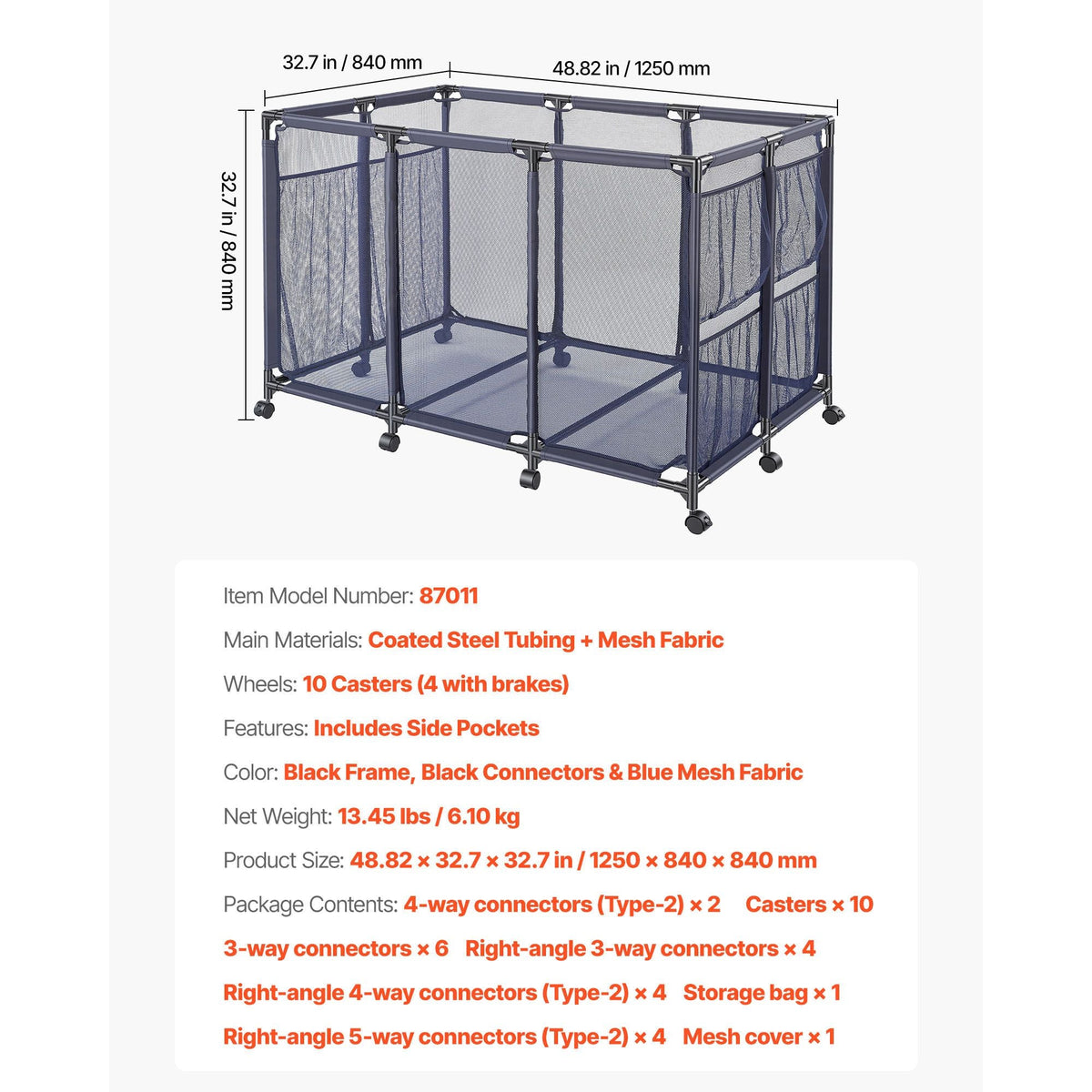 Pool Storage Bin, 48.8 x 32.7 x 32.7 in, Rolling Pool Float Storage Organizer with Side Pockets & Casters, Heavy Duty Metal Frame, Poolside Toys Noodles Holder Mesh Basket for Swimming Pools