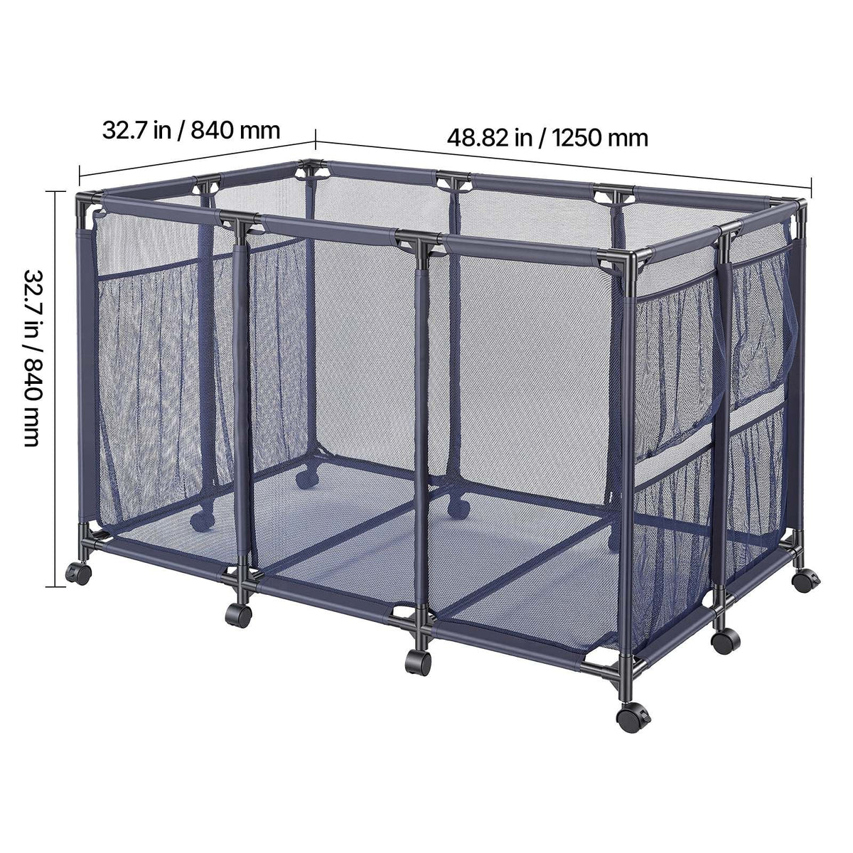 Pool Storage Bin, 48.8 x 32.7 x 32.7 in, Rolling Pool Float Storage Organizer with Side Pockets & Casters, Heavy Duty Metal Frame, Poolside Toys Noodles Holder Mesh Basket for Swimming Pools