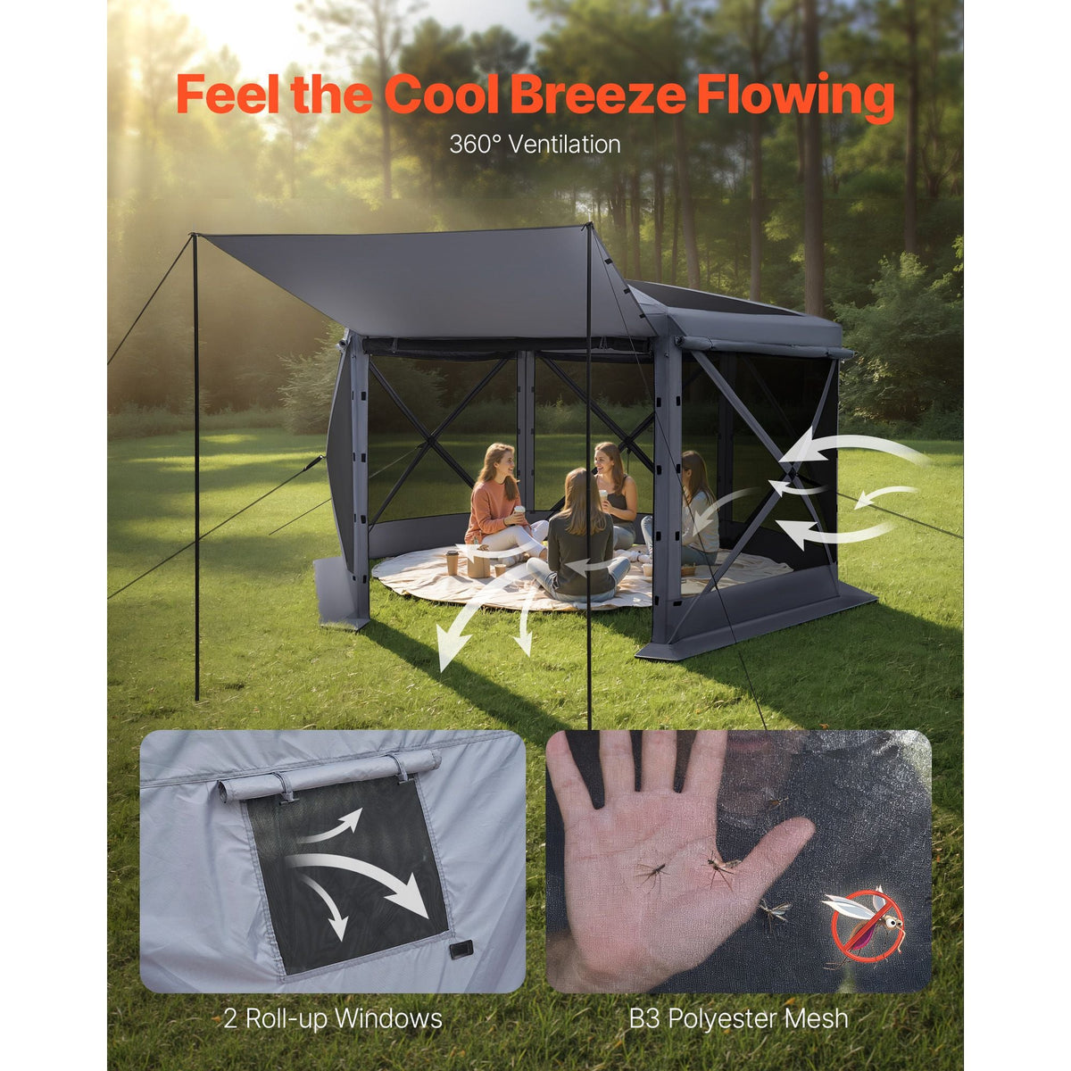 Pop up Gazebo Screen Tent, 12 x 12 ft Large 6-Sided Camping Canopy Tent with Removable Top & Carry Bag, Quick-Set & Bite-Proof, Screen House Sun Shelter for 8-10 Persons Backyard Patio, Grey
