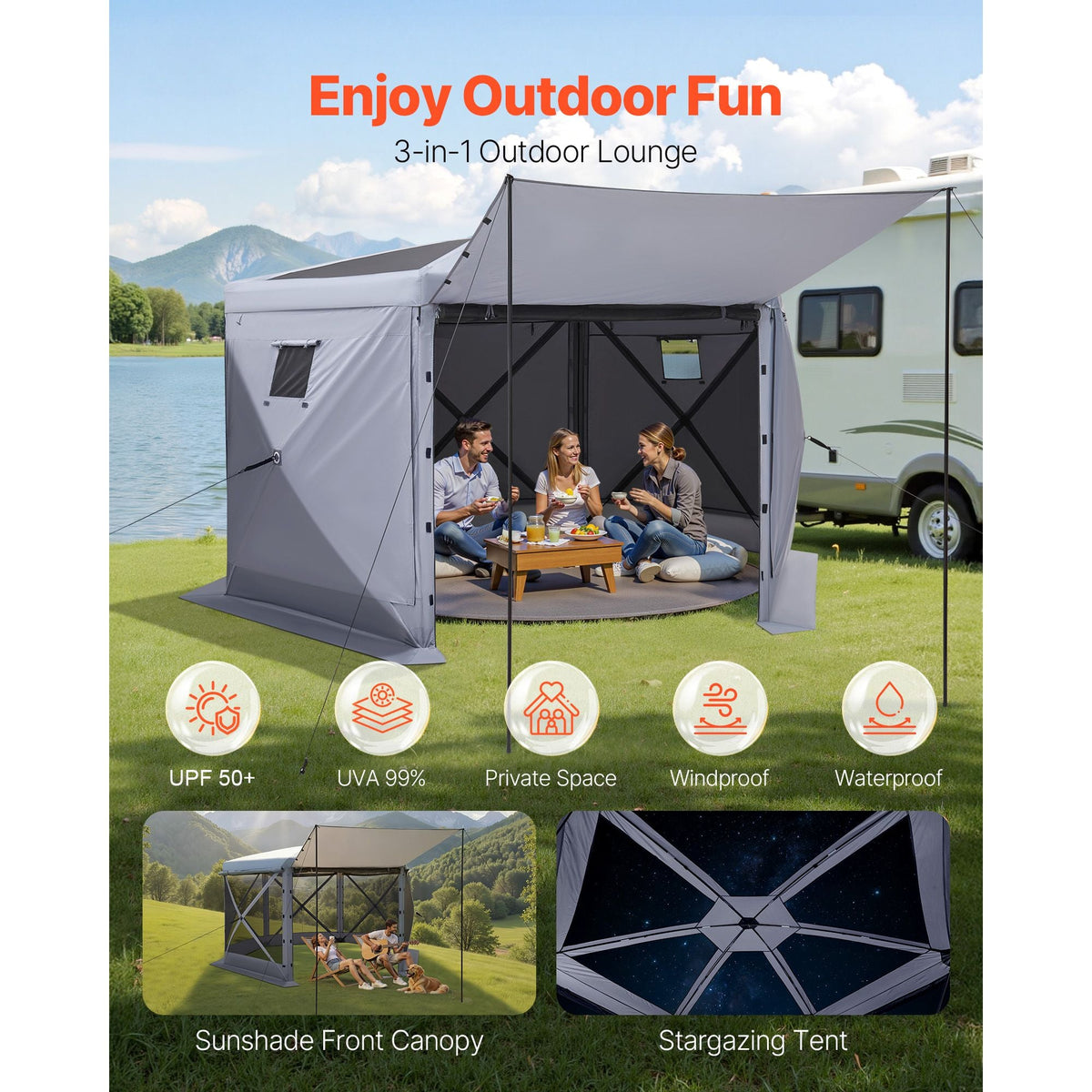 Pop up Gazebo Screen Tent, 12 x 12 ft Large 6-Sided Camping Canopy Tent with Removable Top & Carry Bag, Quick-Set & Bite-Proof, Screen House Sun Shelter for 8-10 Persons Backyard Patio, Grey