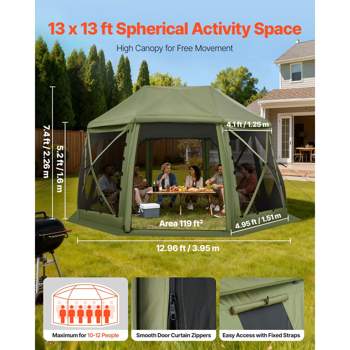 Pop up Gazebo Screen Tent, 13 x 13 ft, 13-Sided Spherical Camping Canopy Tent with Removable Top & Carry Bag, Quick-Set & Bite-Proof, Screen House Sun Shelter for 10-12 Persons, Green