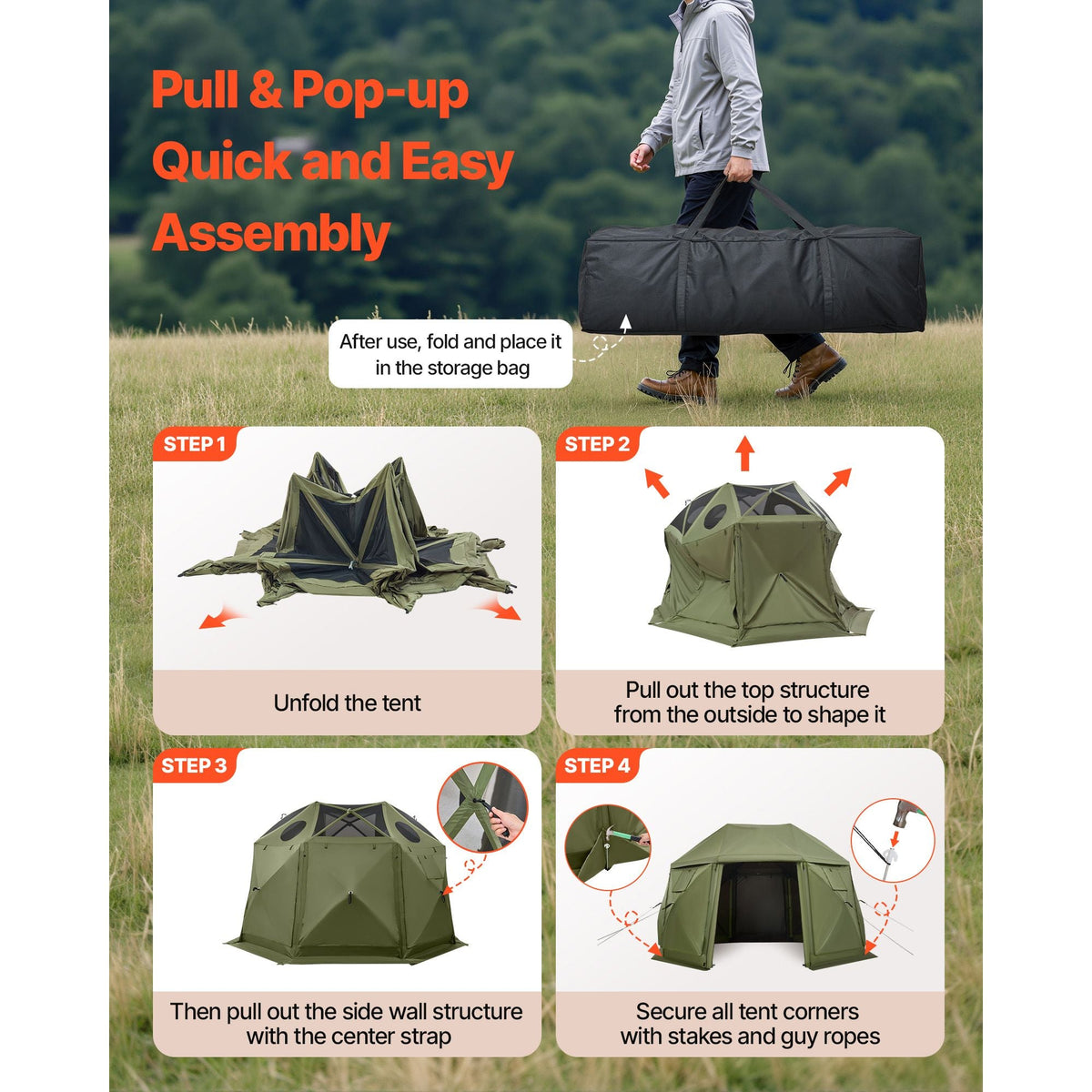 Pop up Gazebo Screen Tent, 13 x 13 ft, 13-Sided Spherical Camping Canopy Tent with Removable Top & Carry Bag, Quick-Set & Bite-Proof, Screen House Sun Shelter for 10-12 Persons, Green