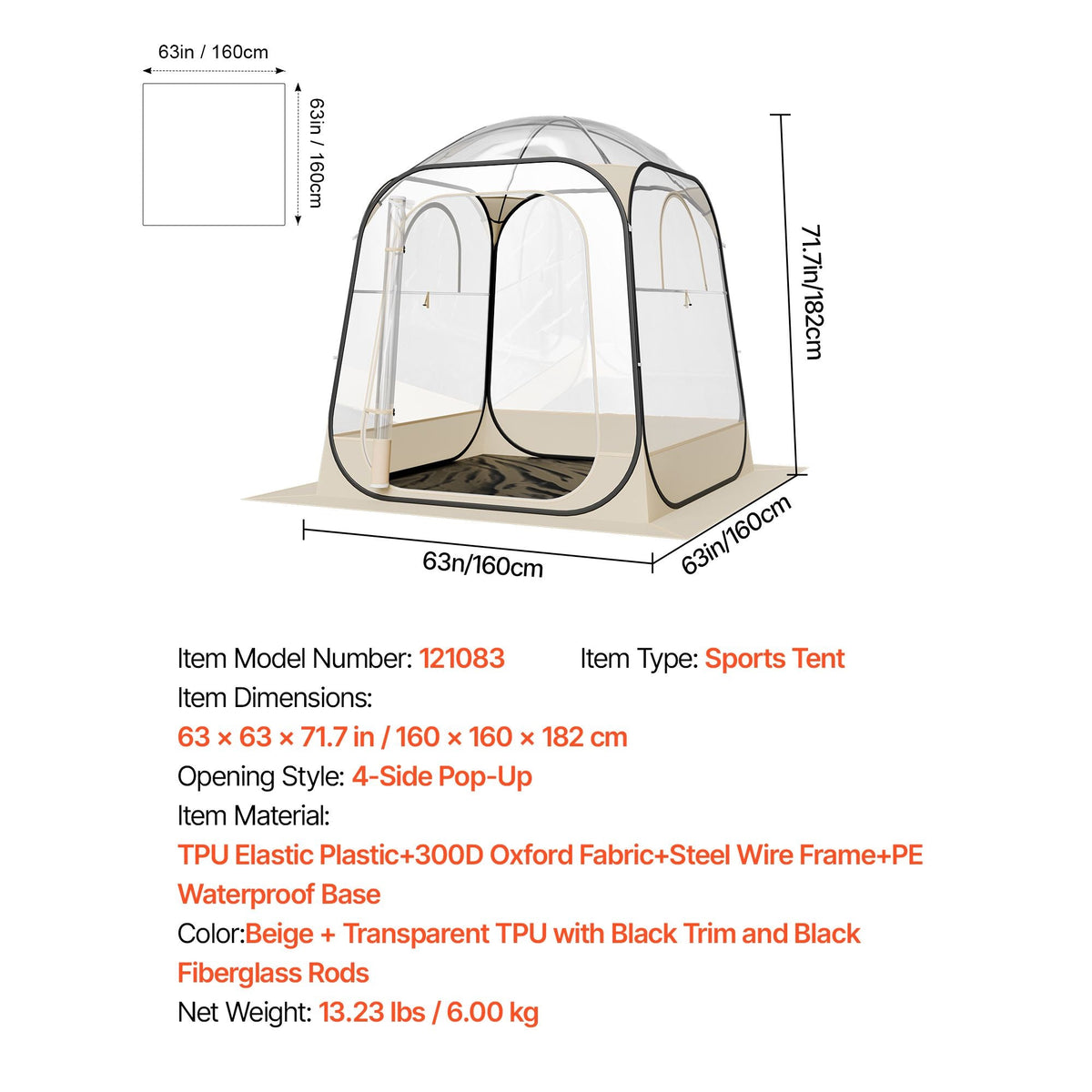 Pop up Sports Tent, 63x63 in Clear Bubble Tent for 2-4 Persons, Waterproof Outdoor Pod with Floor Mat & Top Cover, Garden Igloo Dome Tents Camping Shelter for Events Fishing Cheering