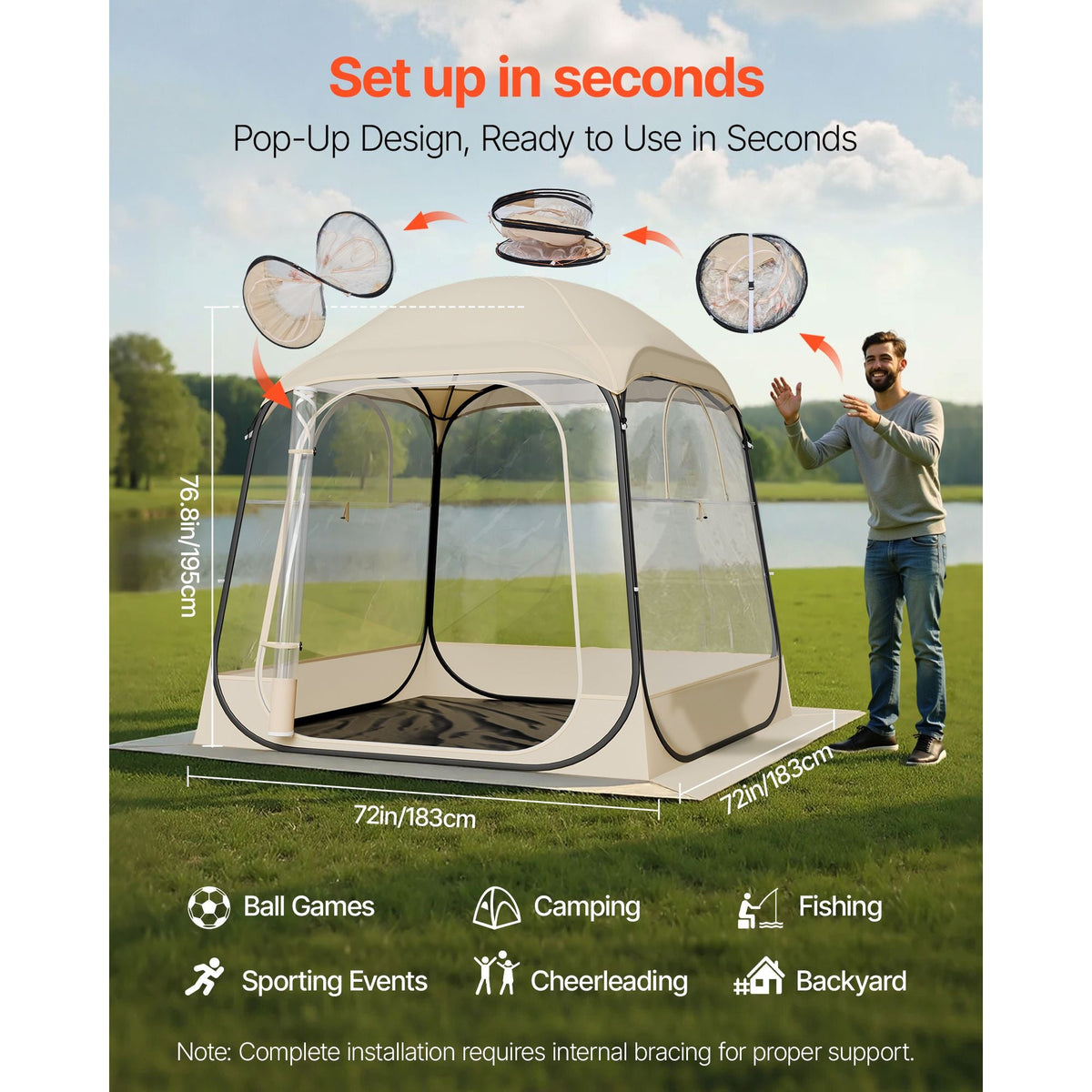 Pop up Sports Tent, 72x72 in Clear Bubble Tent for 2-4 Persons, Waterproof Outdoor Pod with Floor Mat & Top Cover, Garden Igloo Dome Tents Camping Shelter for Events Fishing Cheering