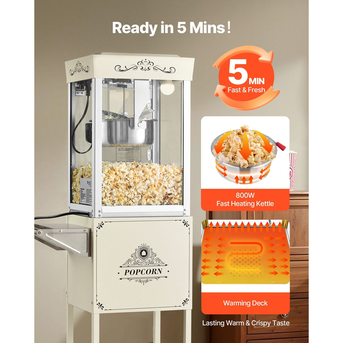 Popcorn Machine with Cart, 8oz Stainless Steel Kettle, 800W Commercial Popcorn Maker, 48 Cups per Batch Theater Style Popper, with 2-Button Control Glass Wall PC Door 1 Scoop 3 Spoons, White