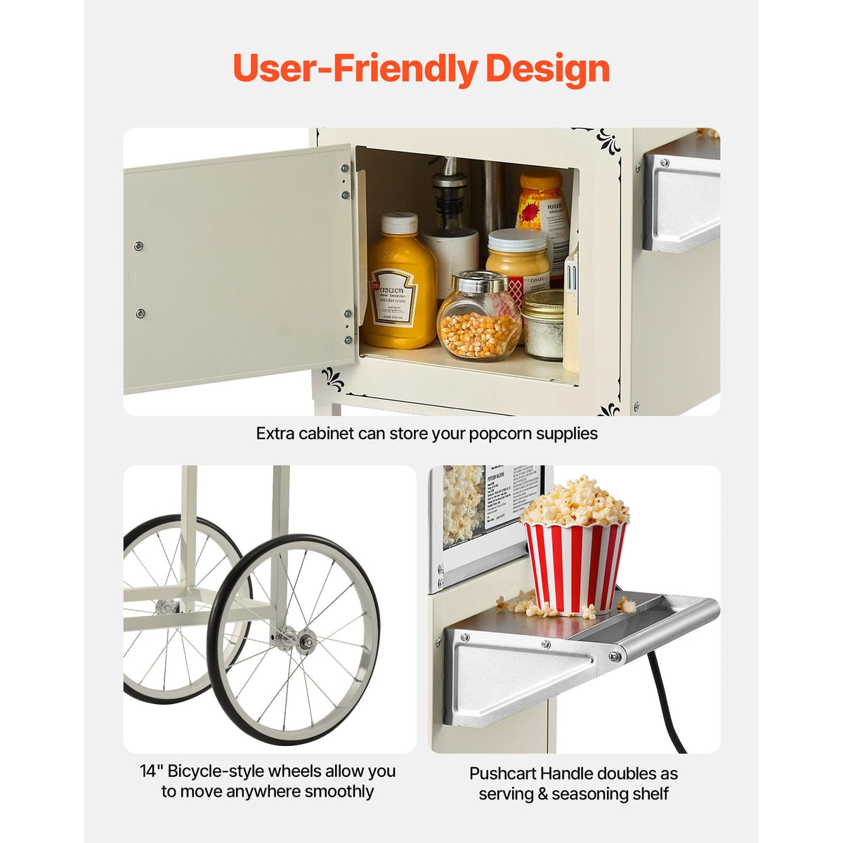 Popcorn Machine with Cart, 8oz Stainless Steel Kettle, 800W Commercial Popcorn Maker, 48 Cups per Batch Theater Style Popper, with 2-Button Control Glass Wall PC Door 1 Scoop 3 Spoons, White