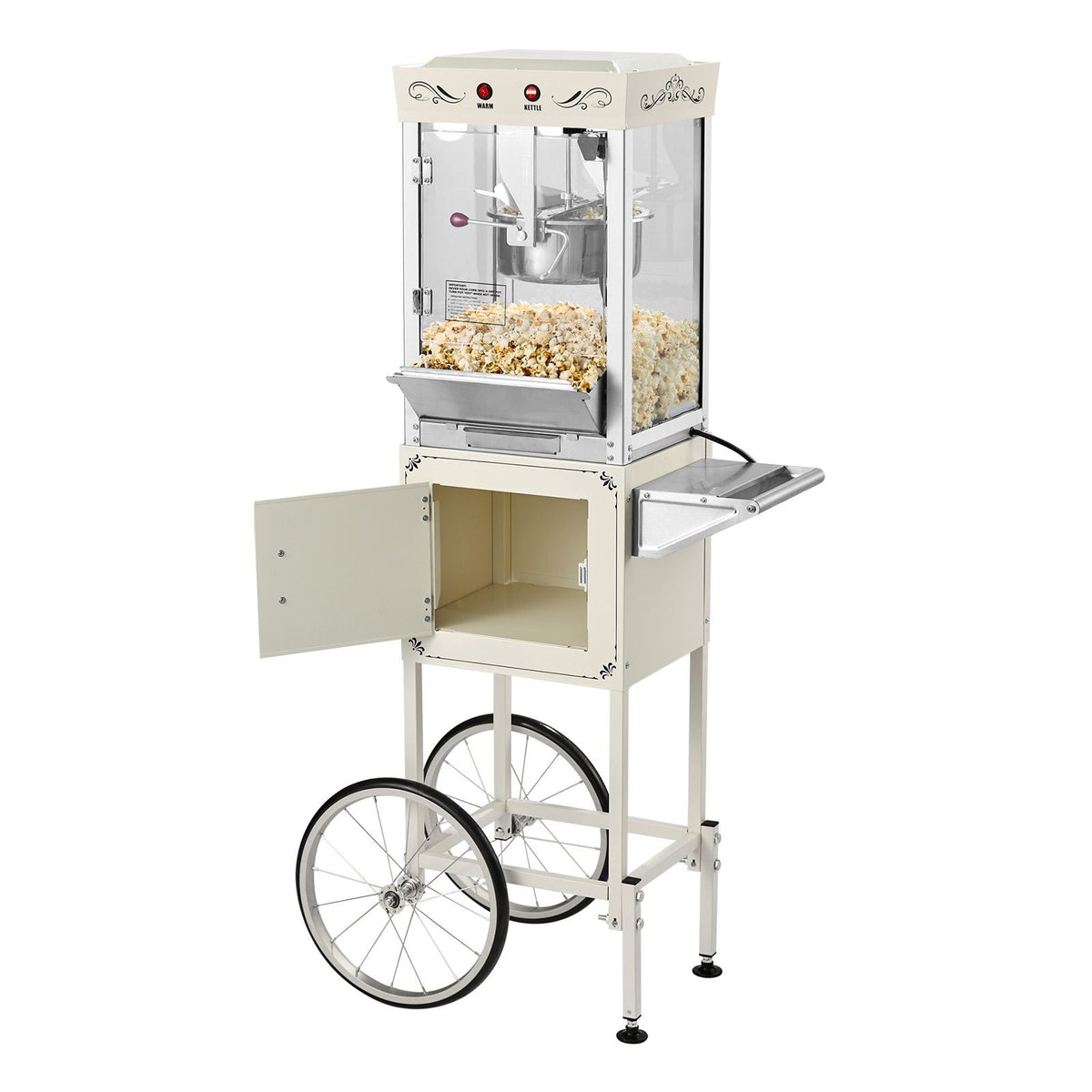 Popcorn Machine with Cart, 8oz Stainless Steel Kettle, 800W Commercial Popcorn Maker, 48 Cups per Batch Theater Style Popper, with 2-Button Control Glass Wall PC Door 1 Scoop 3 Spoons, White