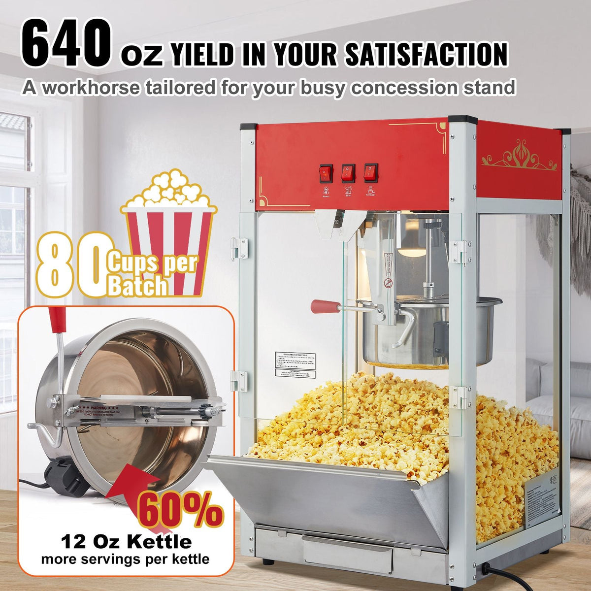 Popcorn Maker, 1440W Popcorn Popper Machine, 12 Oz Kettle Makes 80 Cups per Batch, Countertop Popcorn Maker with Tempered Glass, 3 Stainless Steel Scoops, Movie Theater Style, Red