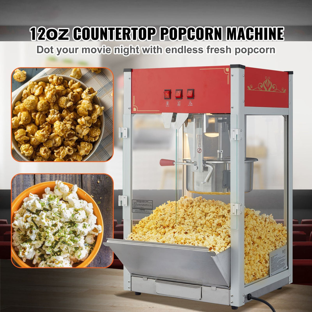 Popcorn Maker, 1440W Popcorn Popper Machine, 12 Oz Kettle Makes 80 Cups per Batch, Countertop Popcorn Maker with Tempered Glass, 3 Stainless Steel Scoops, Movie Theater Style, Red