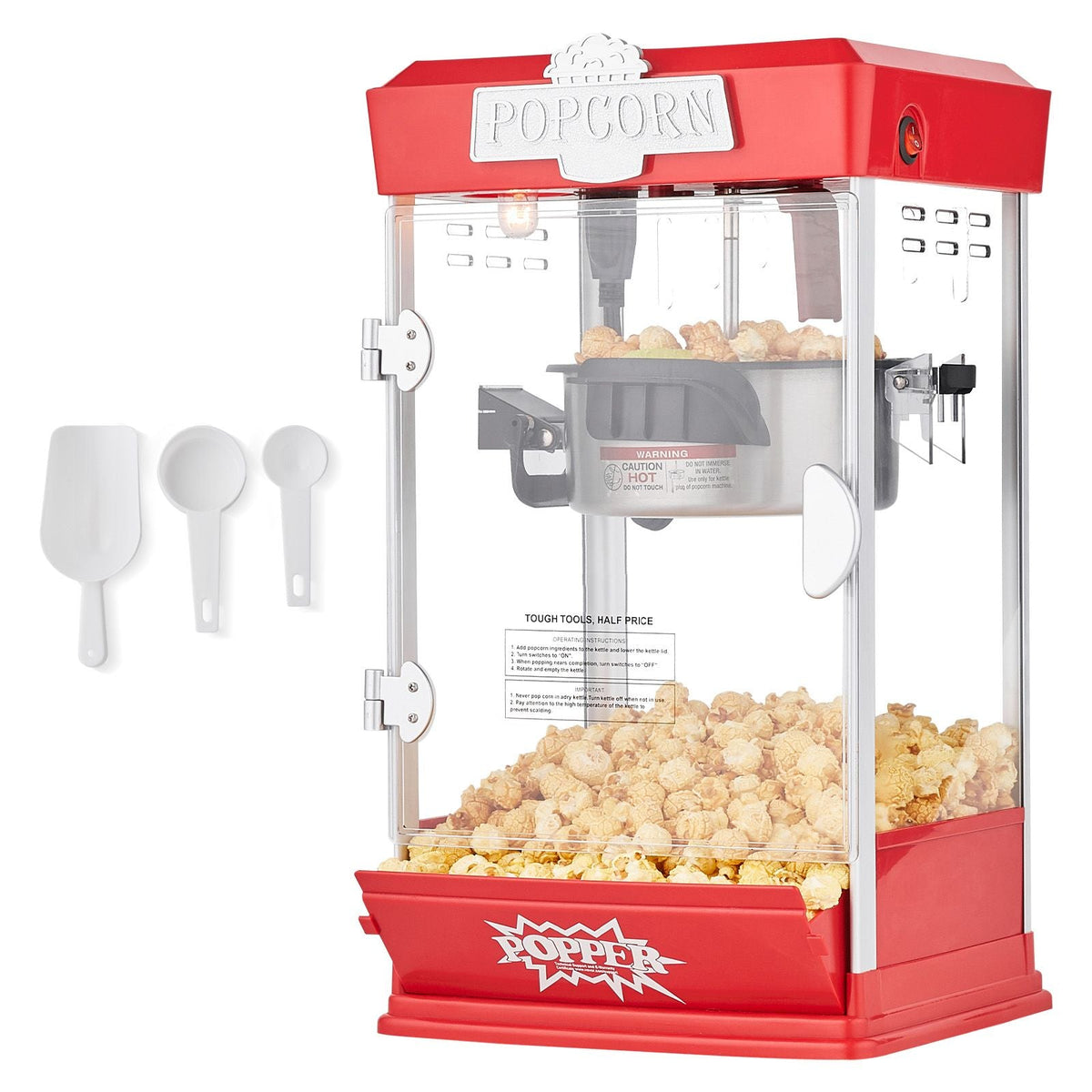 Popcorn Maker, 480W Popcorn Popper Machine, 4 Oz Kettle Makes 1.5 Gallon per Batch, Tabletop Popcorn Maker, Includes 3 Scoops, Movie Theater Style, Red
