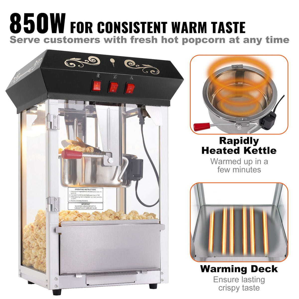Popcorn Maker, 850W Popcorn Popper Machine, 8 Oz Kettle Makes 48 Cups per Batch, Countertop Popcorn Maker with Tempered Glass, Includes 4 Scoops, Movie Theater Style, Black