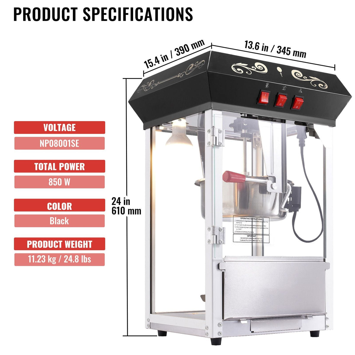 Popcorn Maker, 850W Popcorn Popper Machine, 8 Oz Kettle Makes 48 Cups per Batch, Countertop Popcorn Maker with Tempered Glass, Includes 4 Scoops, Movie Theater Style, Black