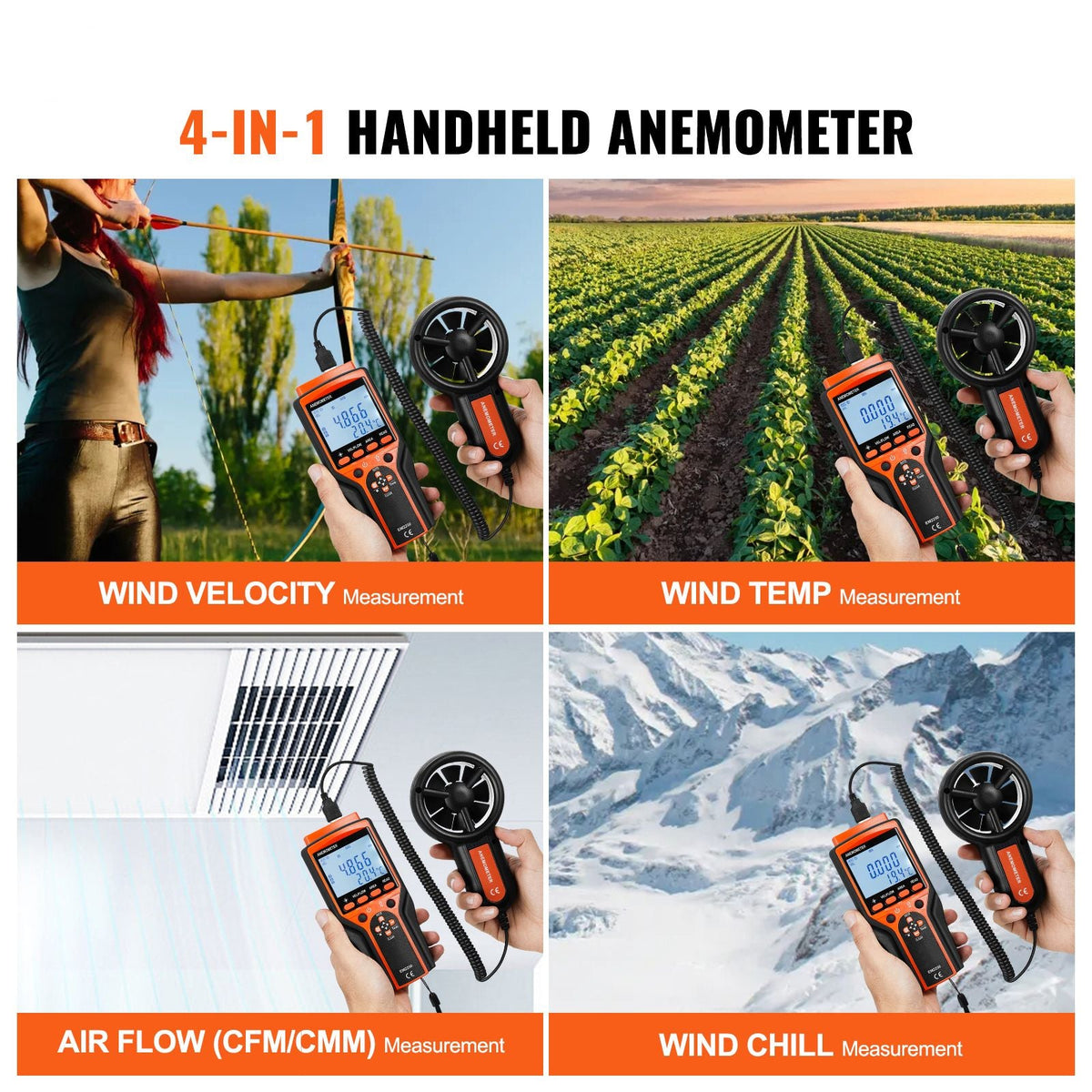Portable Anemometer Split Design, Temp Range 14-140Fahrenheit, LED Screen Digital Air Speed & Temperature Meter, Wind Chill & Velocity Measurement, Ideal for Sailing, Surfing, Flying, HVAC