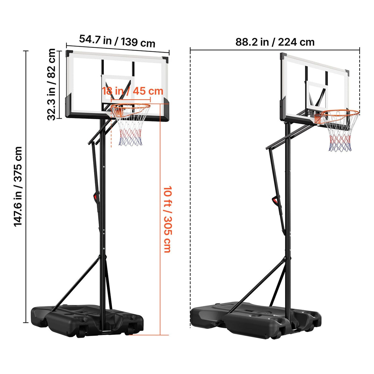 Portable Basketball Stand, 10 ft Height Adjustment Basketball Hoop & Goal, Portable Basketballs Hoop with 54 inch PC Backboard & Wheels for Kids, Teens, Adults in Driveways, Pools, Schools